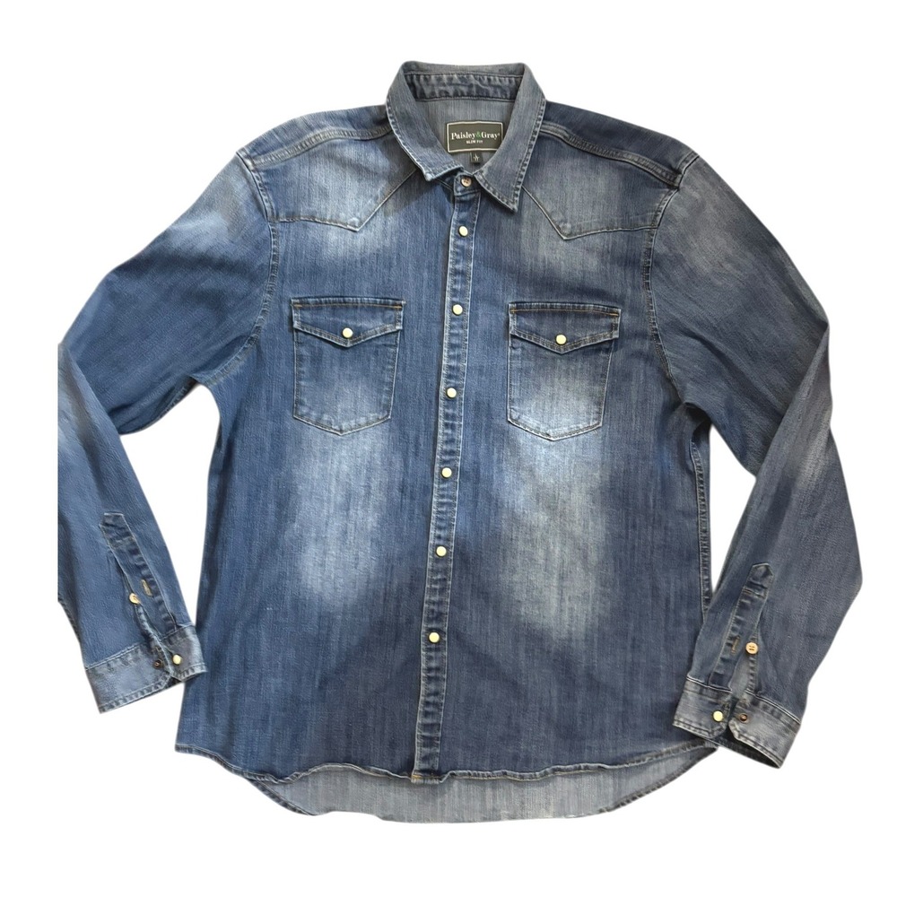 Paisley‎ & Gray Men's Denim Slim Fit Pearl Snap Shirt sz LG Western NWOT